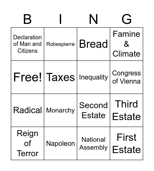 French Revolution Bingo Card