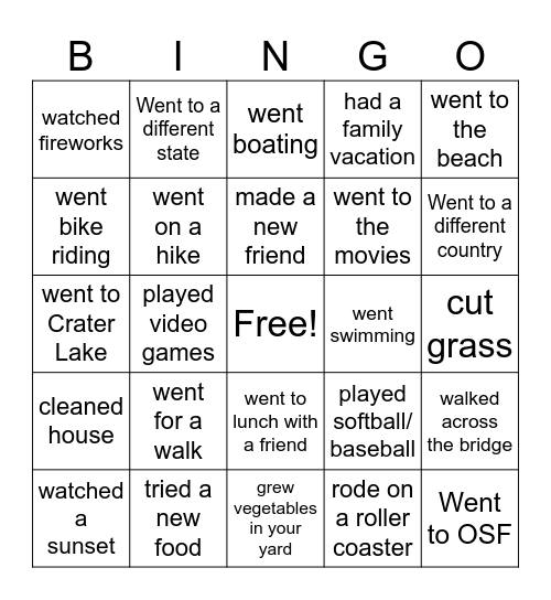 What Did You Do This Summer - University students Bingo Card