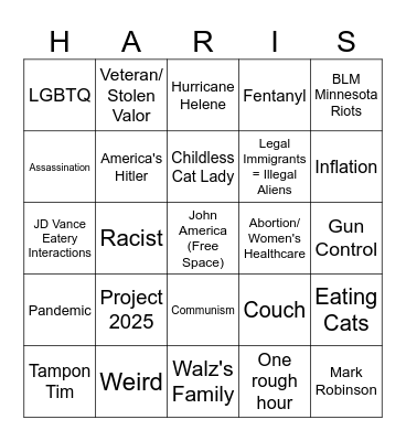 Tim Walz vs JD Vance, Oct. 1, 2024 Bingo Card