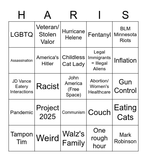 Tim Walz vs JD Vance, Oct. 1, 2024 Bingo Card