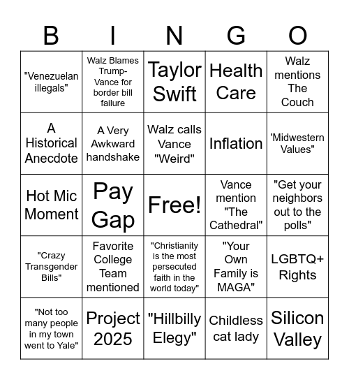 VP Debate Bingo Card