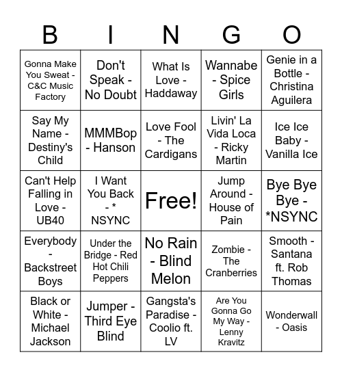 90s Music Bingo Round #1 Bingo Card