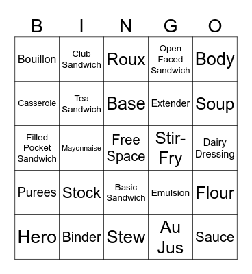 Foods Class Bingo Card