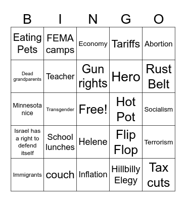 VP Debate BINGO Card