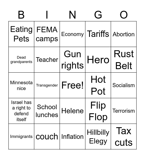 VP Debate BINGO Card