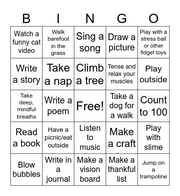 Coping Skills Bingo Card