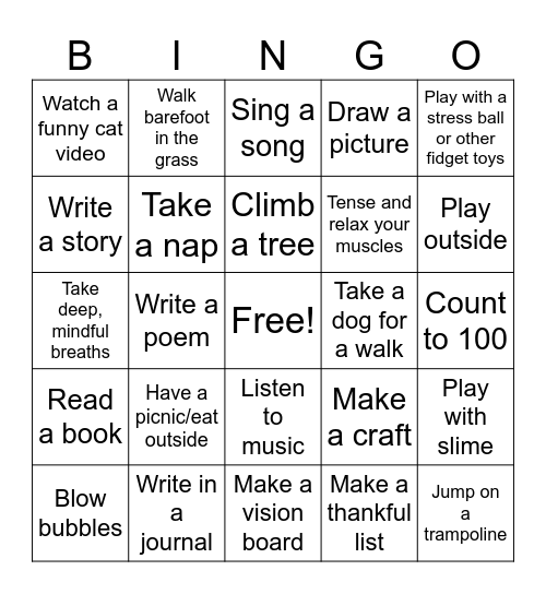 Coping Skills Bingo Card