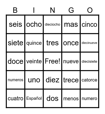 Numeros 1-20 Bingo Card