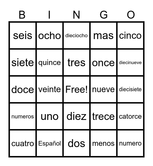 Numeros 1-20 Bingo Card