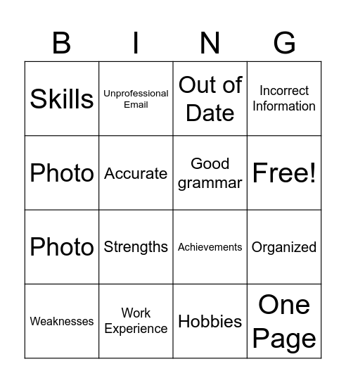 Resume Building Bingo Card