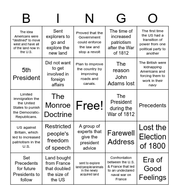 First 5 Presidents Review Bingo Card
