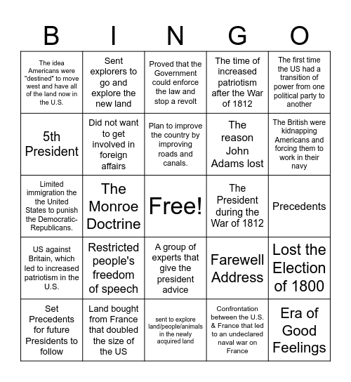 First 5 Presidents Review Bingo Card