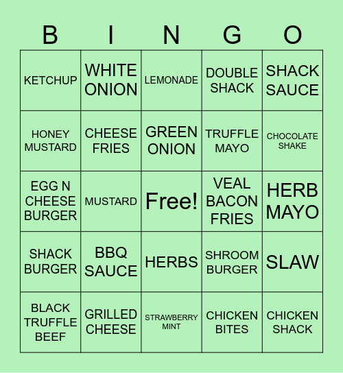 SHAKE SHACK Bingo Card