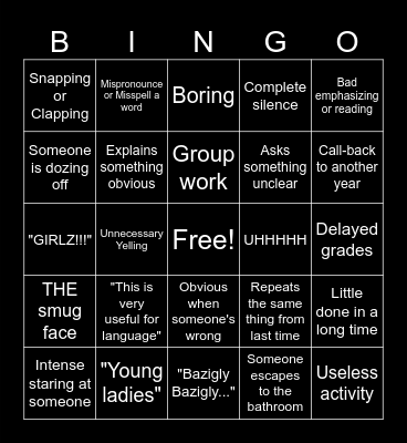 The English Class Experience Bingo Card
