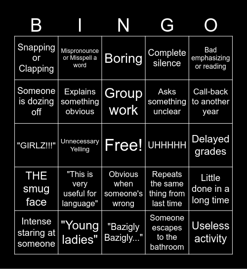 The English Class Experience Bingo Card