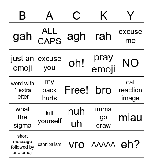 Blacky Wacky BINGO Card