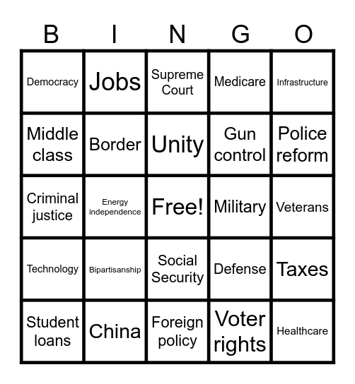 VP Debate Bingo Card