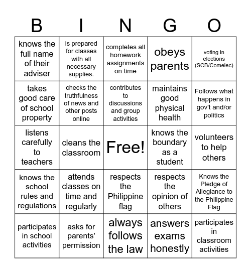 I am Responsible Bingo Card