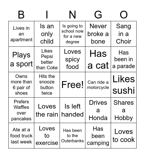 Meet and Treat Bingo Card