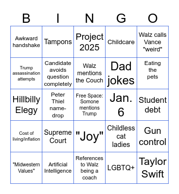 2024 Vice Presidential Debate Bingo Card