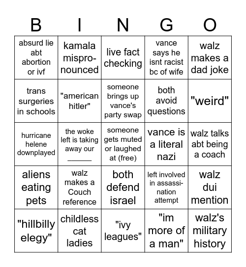 vp debate bingo Card
