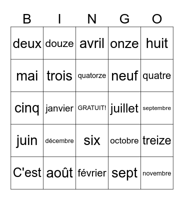 Dates in French Bingo Card