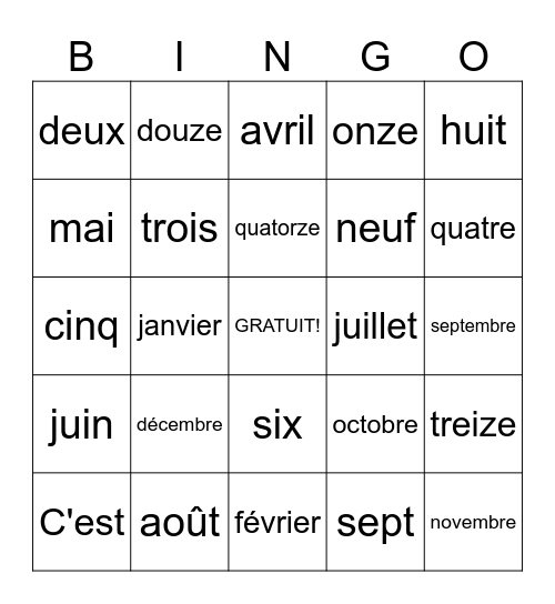 Dates in French Bingo Card