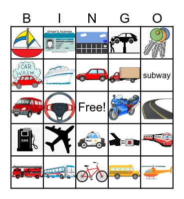Means of Transportation Bingo Card