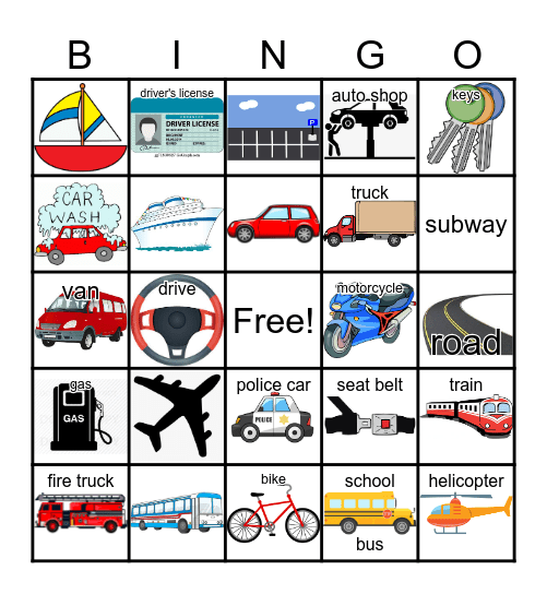 Means of Transportation Bingo Card