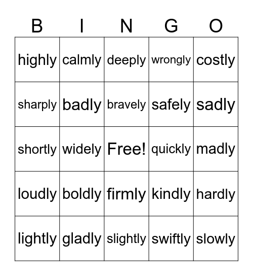 Lesson 101: -ly Bingo Card