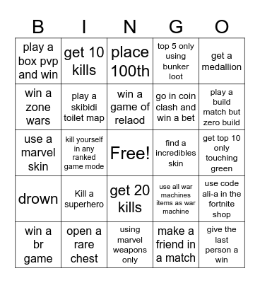 Fortnite Bingo Card