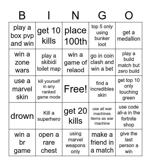 Fortnite Bingo Card