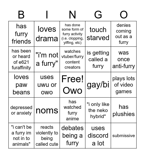 you are a furry bingo card Bingo Card