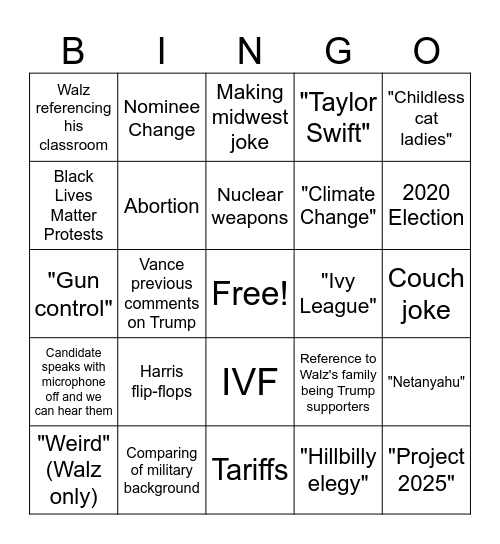 VP Debate Bingo Card