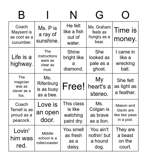 Simile & Metaphor Sentences Bingo Card