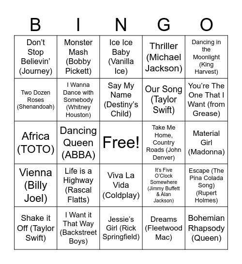 Music Bingo Card