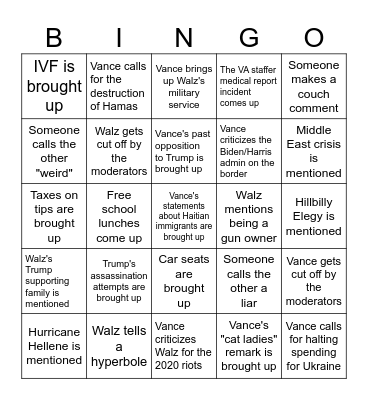 2024 VP Debate Bingo Card