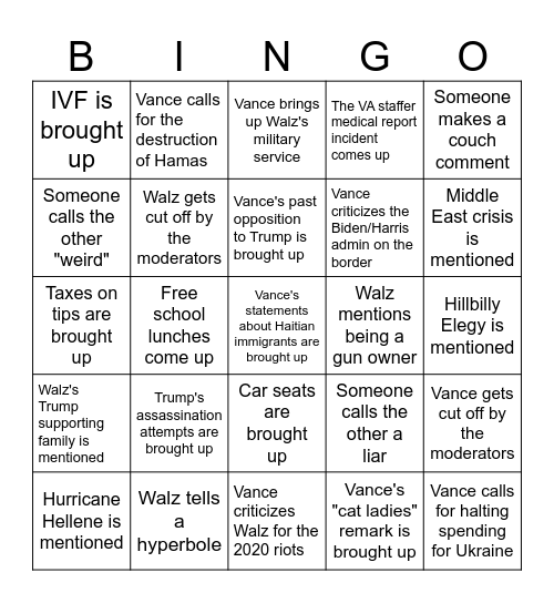 2024 VP Debate Bingo Card