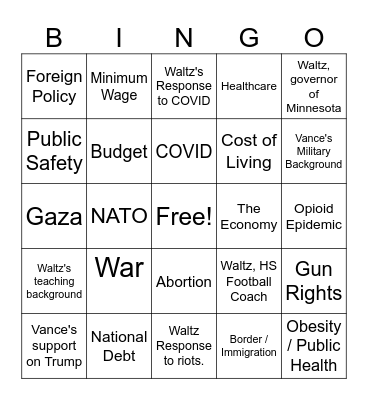 VP Debate Bingo Card Bingo Card