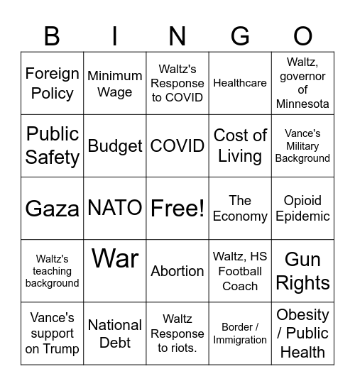 VP Debate Bingo Card Bingo Card