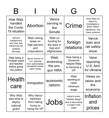 VP Debate Bingo Card