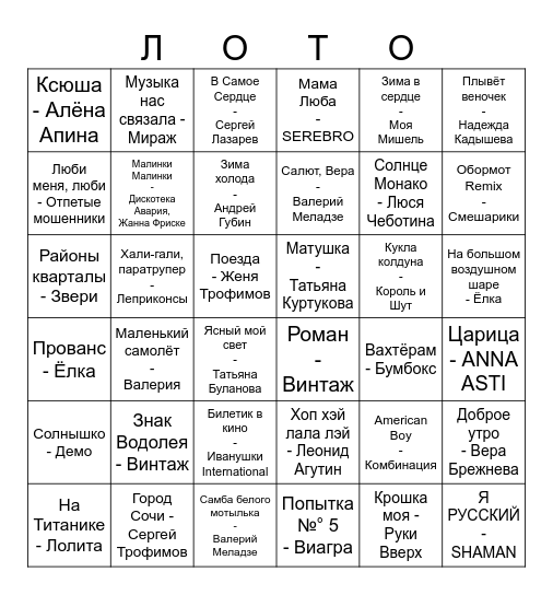 Музыкальное Bingo Card