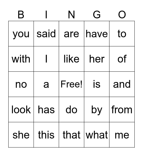 High Frequency Words Bingo Card