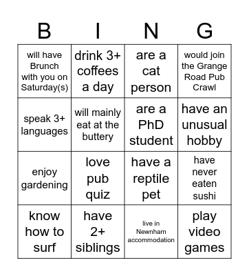 Newnham MCR International Bingo Card