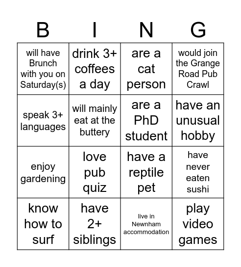 Newnham MCR International Bingo Card