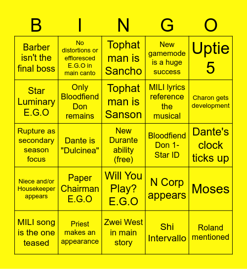 Season 5 Bingo Card