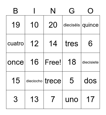 Números 1 - 20 Bingo Card