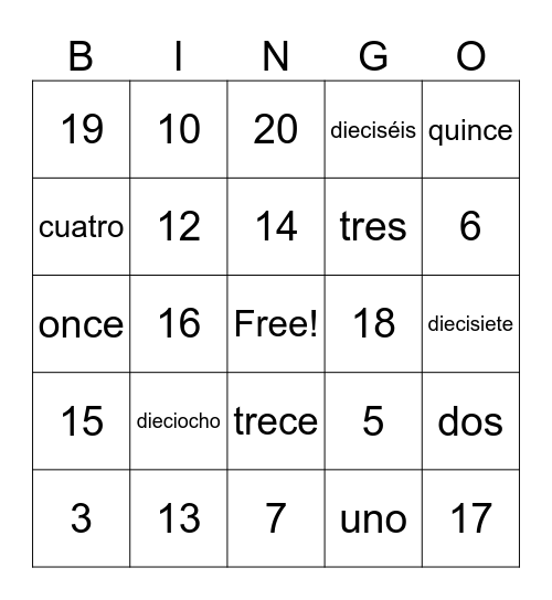 Números 1 - 20 Bingo Card