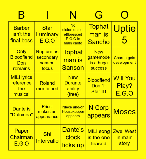 Season 5 Bingo Card