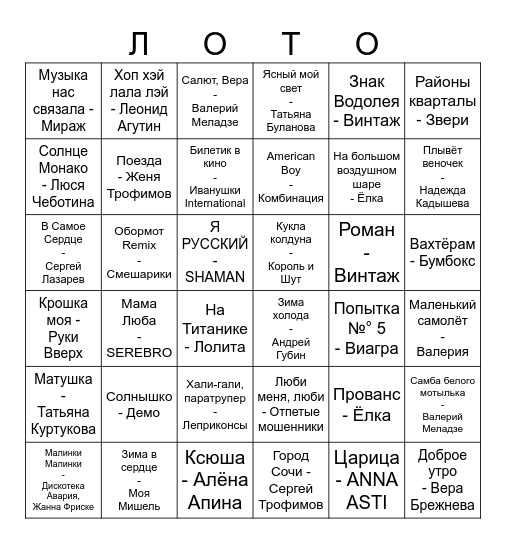 Музыкальное Bingo Card